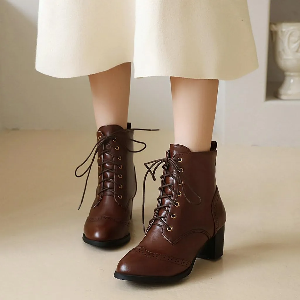 DINTAHA Pirate Boots Womens Victorian Ankle Boots Lace Up Chunky Heel Booties Vintage Oxford Wingtip Boots