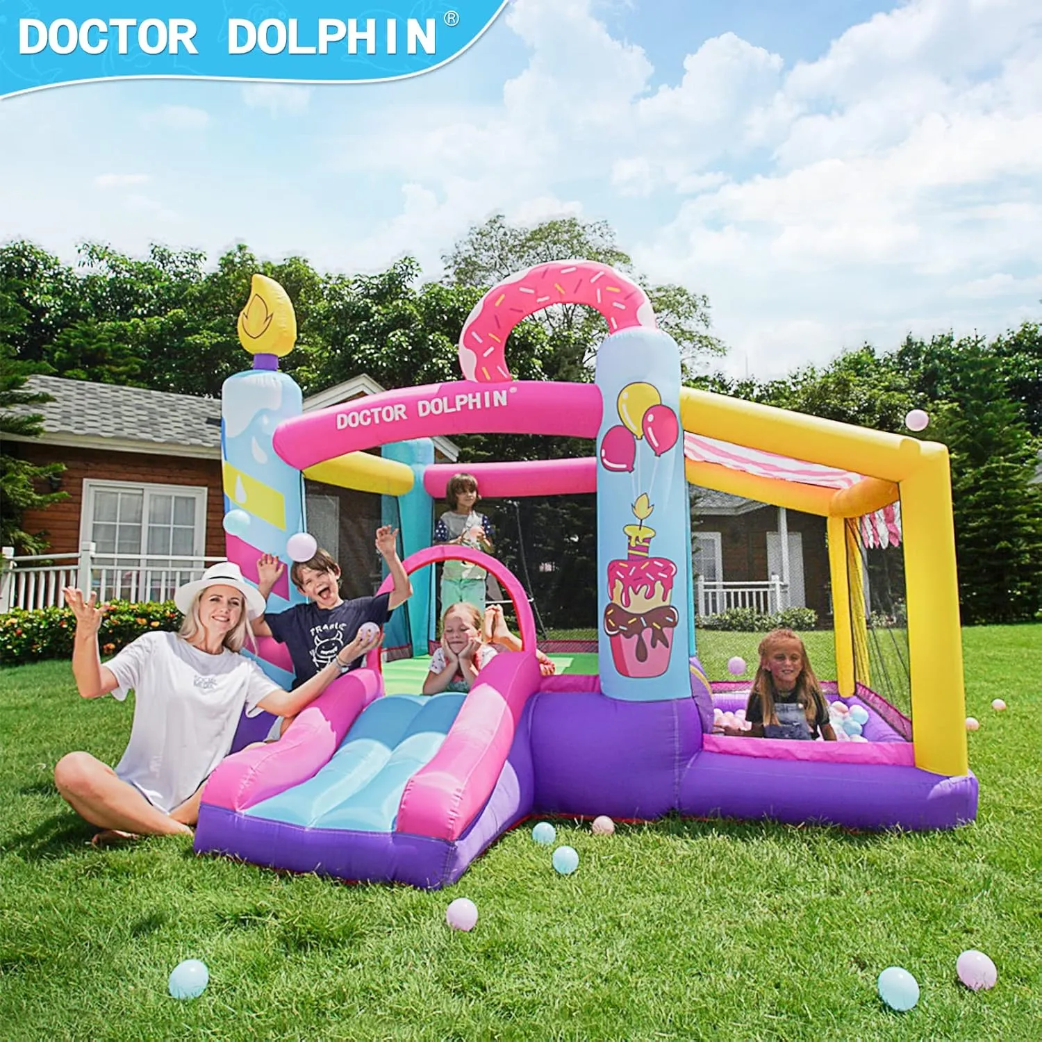 Doctor Dolphin Bounce House Inflatable Bouncy Castle with Blower for Toddlers Outdoor or Indoor Pink Bouncer House Jumping House Castle with Slide Dount Theme