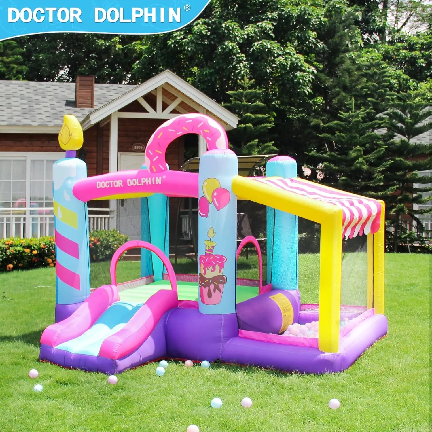 Doctor Dolphin Bounce House Inflatable Bouncy Castle with Blower for Toddlers Outdoor or Indoor Pink Bouncer House Jumping House Castle with Slide Dount Theme