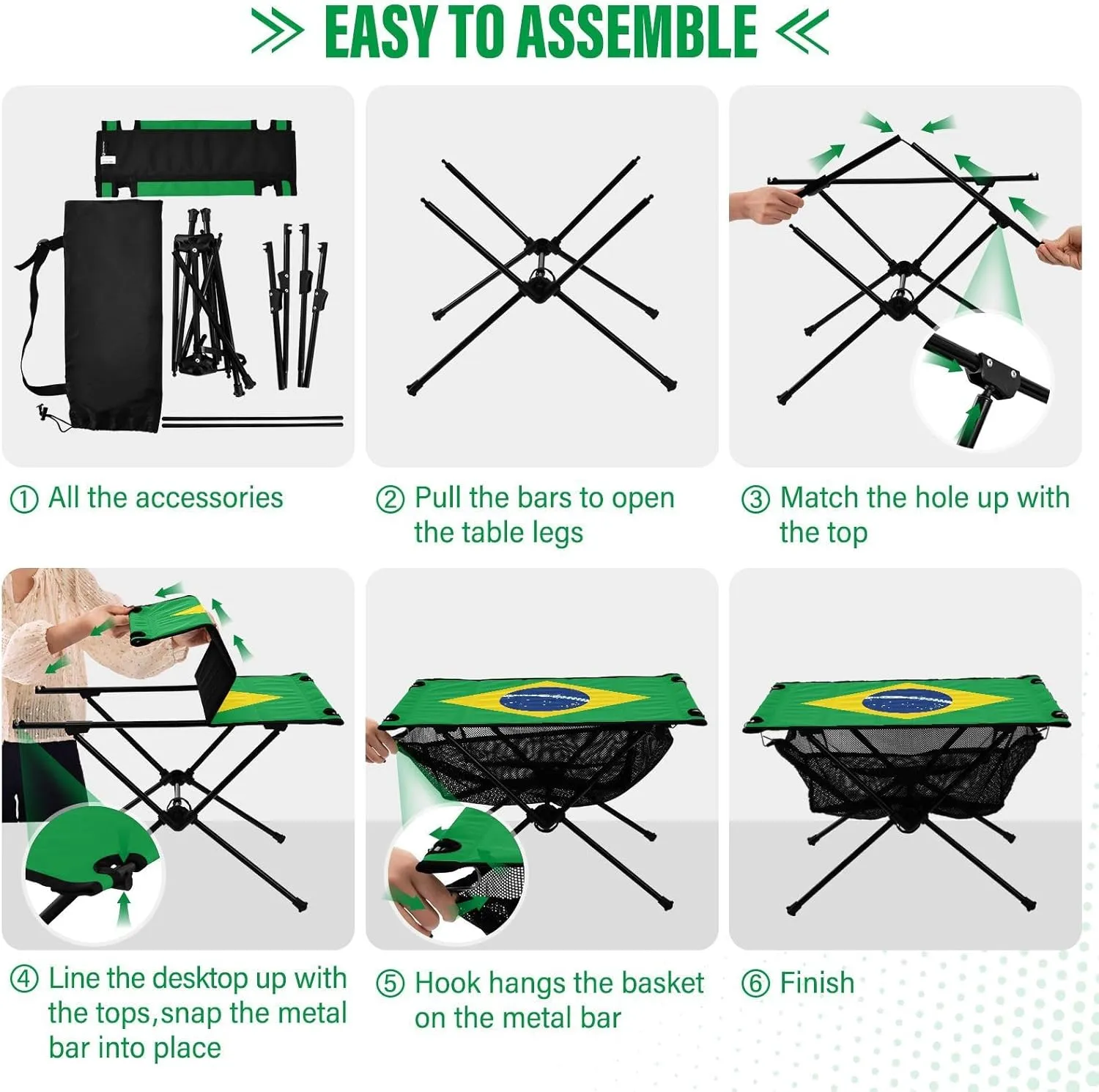 DOMIKING Brazilan Flag Portable Camping Table Folding Picnic Tables with Carrying Storage Bag Beach Table for Travel Beach Camp 23.6 * 15.6 * 15 in