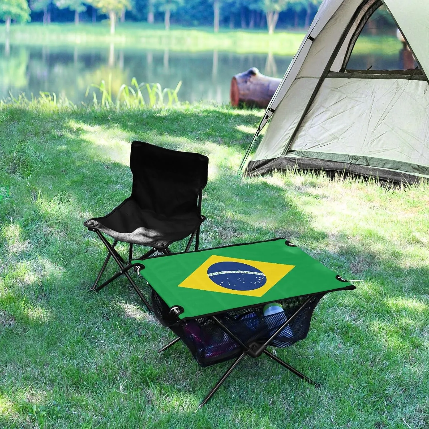DOMIKING Brazilan Flag Portable Camping Table Folding Picnic Tables with Carrying Storage Bag Beach Table for Travel Beach Camp 23.6 * 15.6 * 15 in