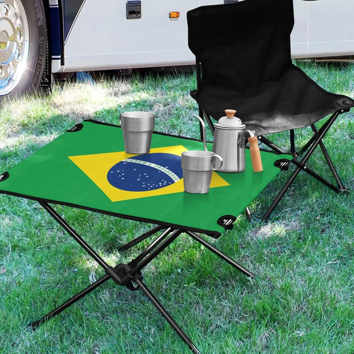 DOMIKING Brazilan Flag Portable Camping Table Folding Picnic Tables with Carrying Storage Bag Beach Table for Travel Beach Camp 23.6 * 15.6 * 15 in