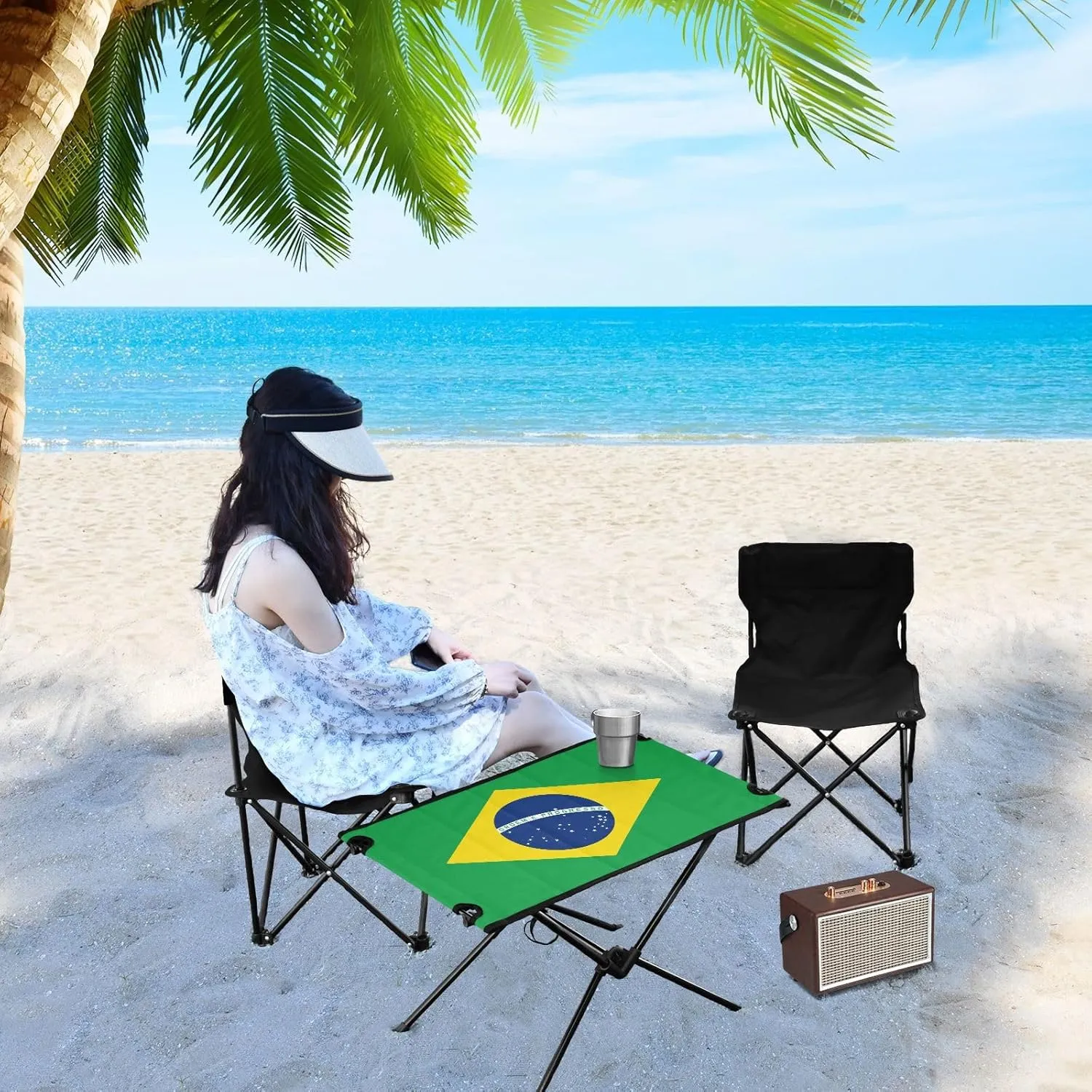 DOMIKING Brazilan Flag Portable Camping Table Folding Picnic Tables with Carrying Storage Bag Beach Table for Travel Beach Camp 23.6 * 15.6 * 15 in