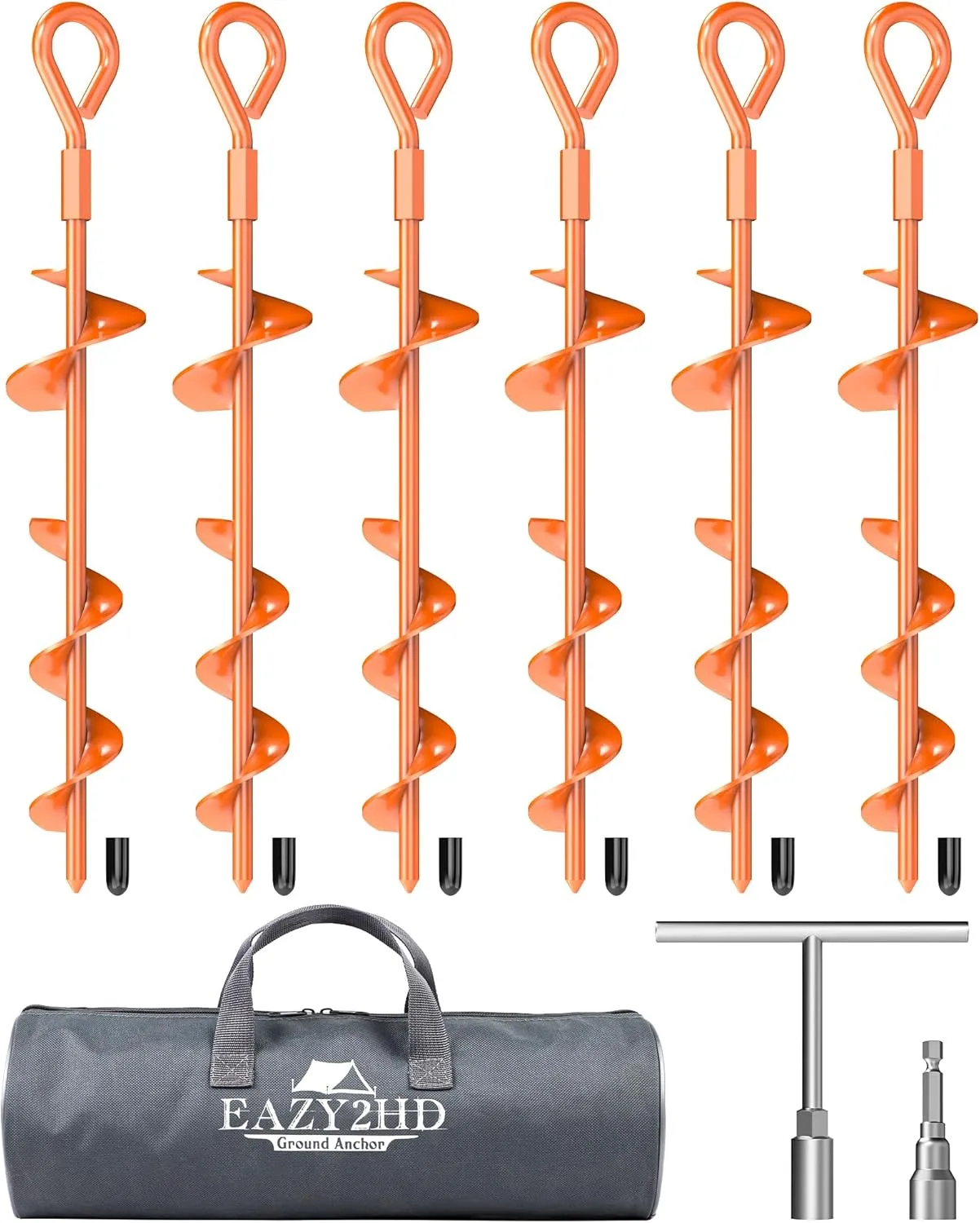 Eazy2hD 6 Pack Tent Stakes Heavy Duty, 15 Inch Ground Anchors Screw in, Metal High Winds Trampoline Stake with Nut and Tool, Spiral Anchor Kit for Camping, Shed, Swing Set, Canopy, Car Ports