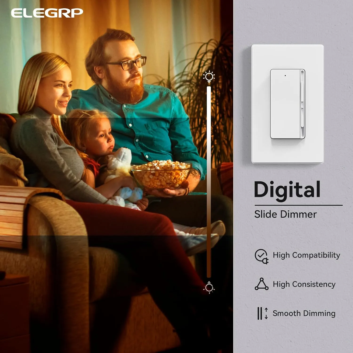 ELEGRP Digital Dimmer Switch for 300W LED/CFL and 600W Incandescent/Halogen Bulbs, Frameless Design, Slide Dimmer Light Switch, Single Pole/3-Way, Wall Plate Included, UL Listed, 1 Pack, Matte White