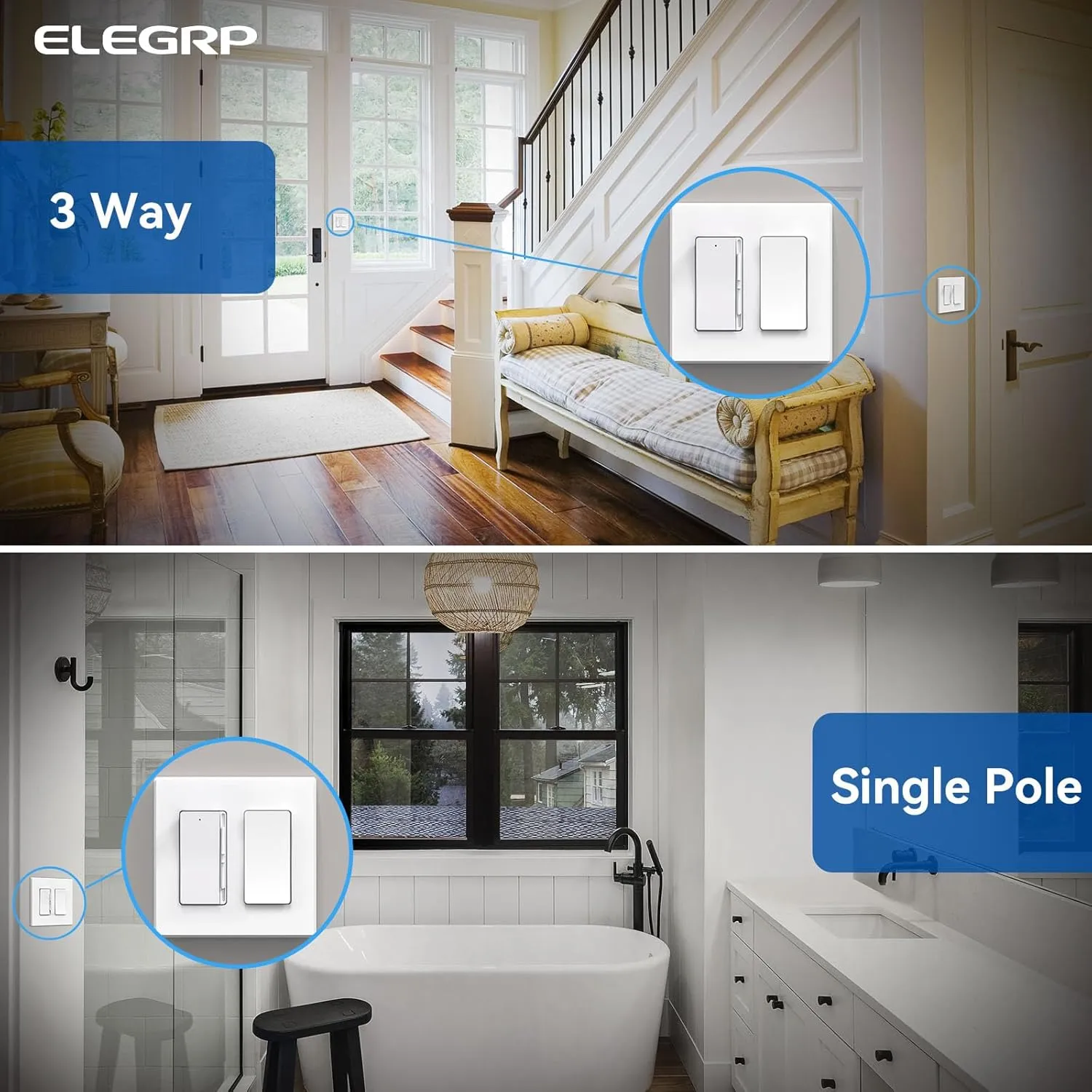 ELEGRP Digital Dimmer Switch for 300W LED/CFL and 600W Incandescent/Halogen Bulbs, Frameless Design, Slide Dimmer Light Switch, Single Pole/3-Way, Wall Plate Included, UL Listed, 1 Pack, Matte White