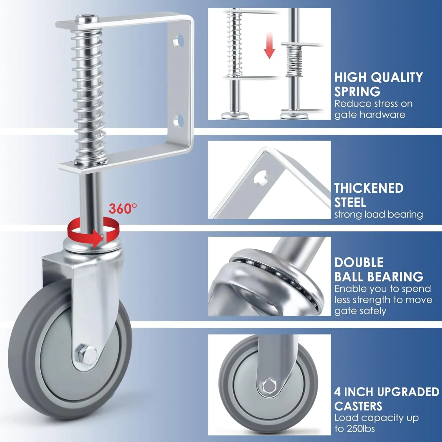 ERKOON 2 Pack Heavy Duty Spring-Loaded Gate Casters, 4 inch Sliding Wheels for Wooden & Metal Gates, 250-500lbs Load Capacity (2PCS)