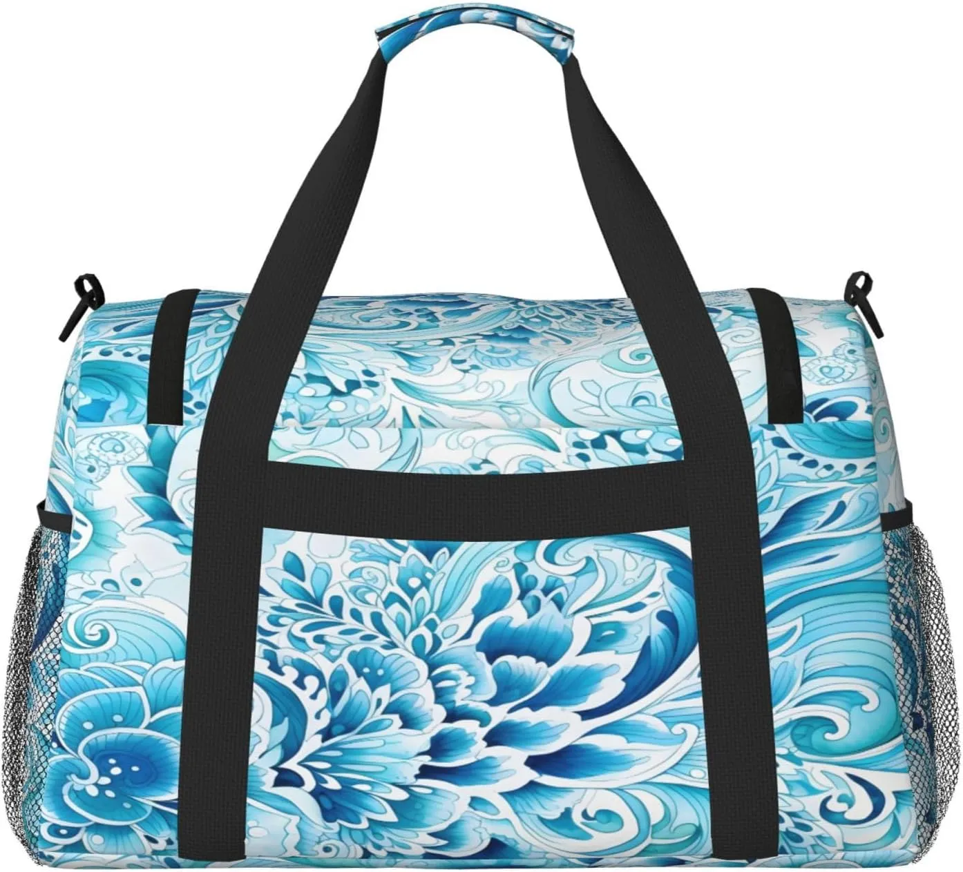 Ethnic Blue Floral Travel Duffel Bag with Strap Multi Pockets Sports Bag Handbag Large Shoulder Bag for Gym Weekend Fitness Camping