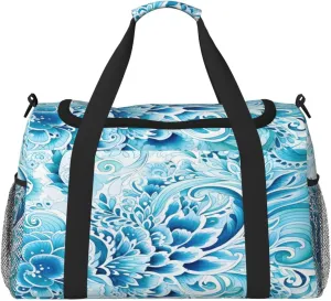 Ethnic Blue Floral Travel Duffel Bag with Strap Multi Pockets Sports Bag Handbag Large Shoulder Bag for Gym Weekend Fitness Camping