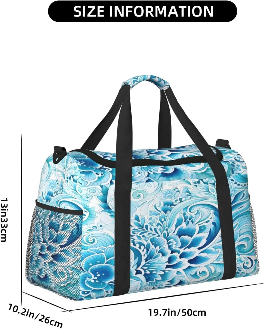 Ethnic Blue Floral Travel Duffel Bag with Strap Multi Pockets Sports Bag Handbag Large Shoulder Bag for Gym Weekend Fitness Camping