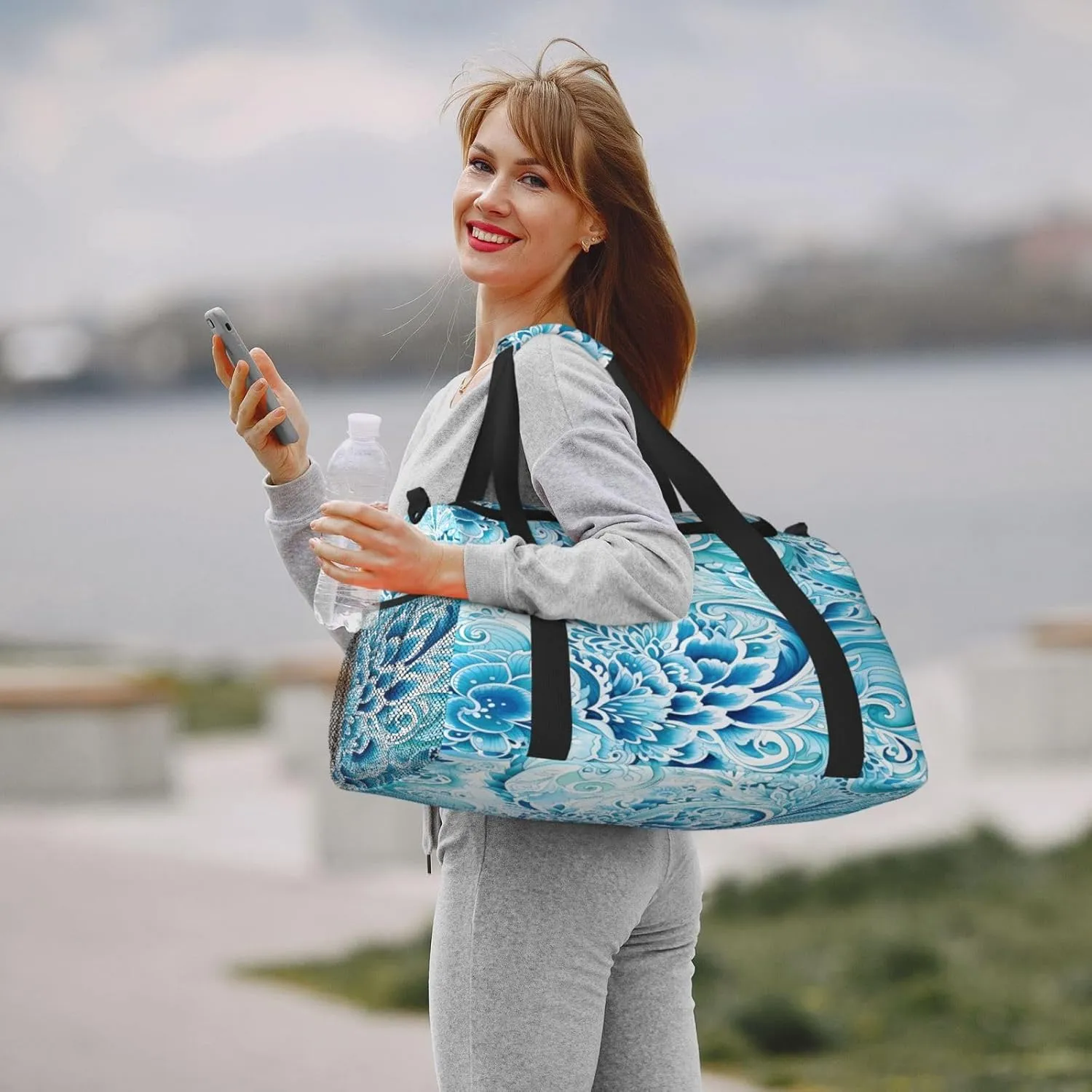 Ethnic Blue Floral Travel Duffel Bag with Strap Multi Pockets Sports Bag Handbag Large Shoulder Bag for Gym Weekend Fitness Camping