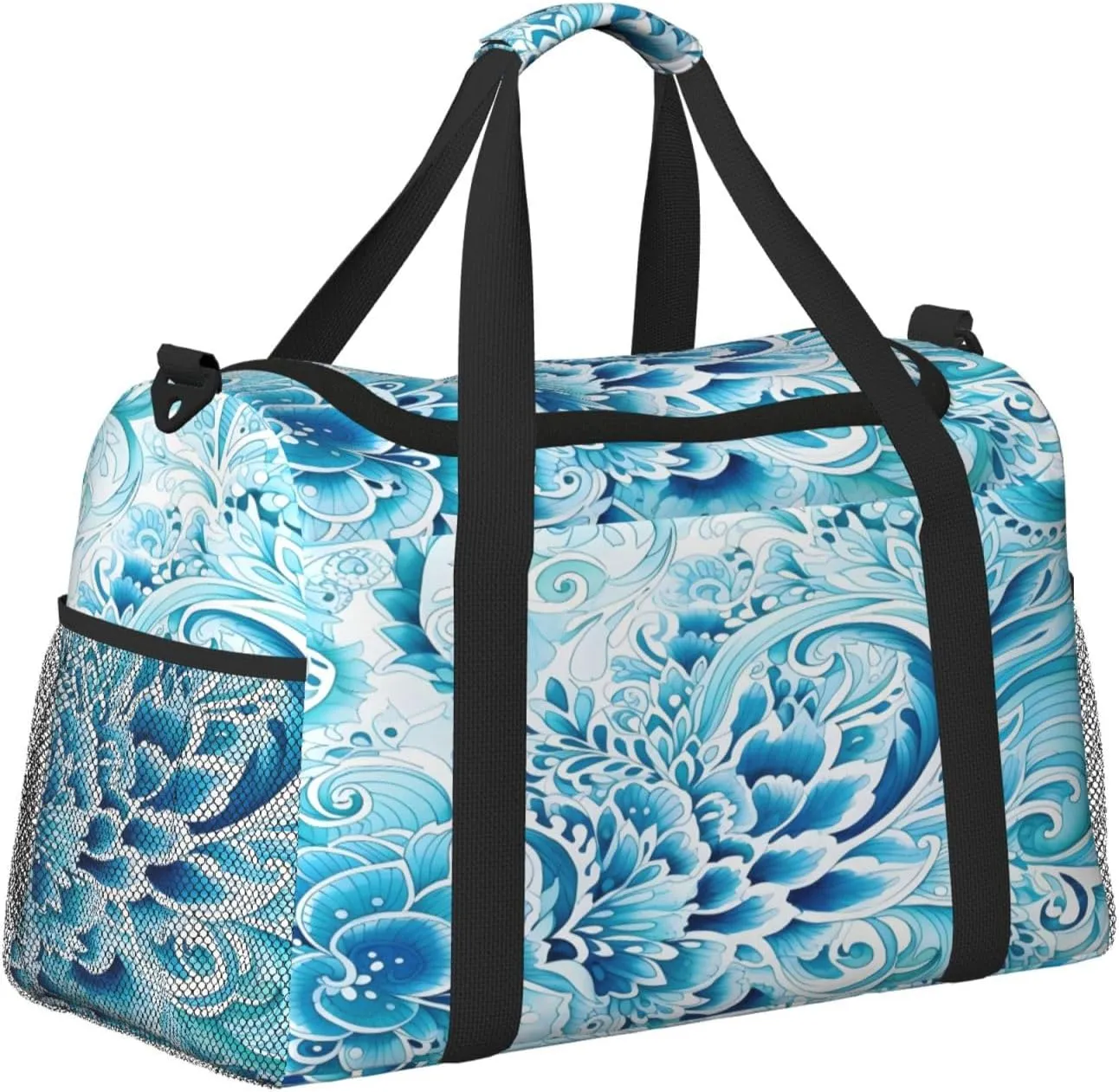 Ethnic Blue Floral Travel Duffel Bag with Strap Multi Pockets Sports Bag Handbag Large Shoulder Bag for Gym Weekend Fitness Camping