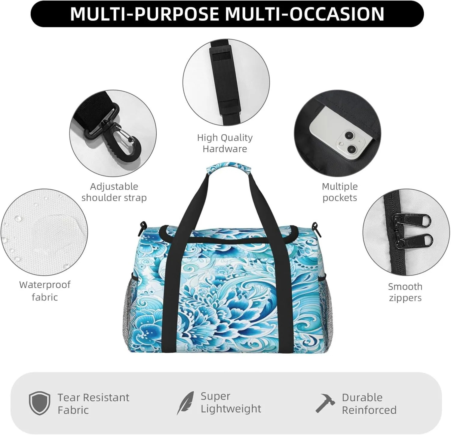 Ethnic Blue Floral Travel Duffel Bag with Strap Multi Pockets Sports Bag Handbag Large Shoulder Bag for Gym Weekend Fitness Camping