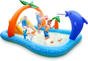 Evajoy Kiddie Pool Inflatable Play Center Kiddie Pool with Slide, 95''x75''x40'', Blue, EJ-HF022