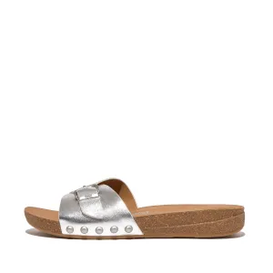 FitFlop Women's Iqushion Adjustable Buckle Metallic-Leather Slides Wedge Sandal, Silver, 8