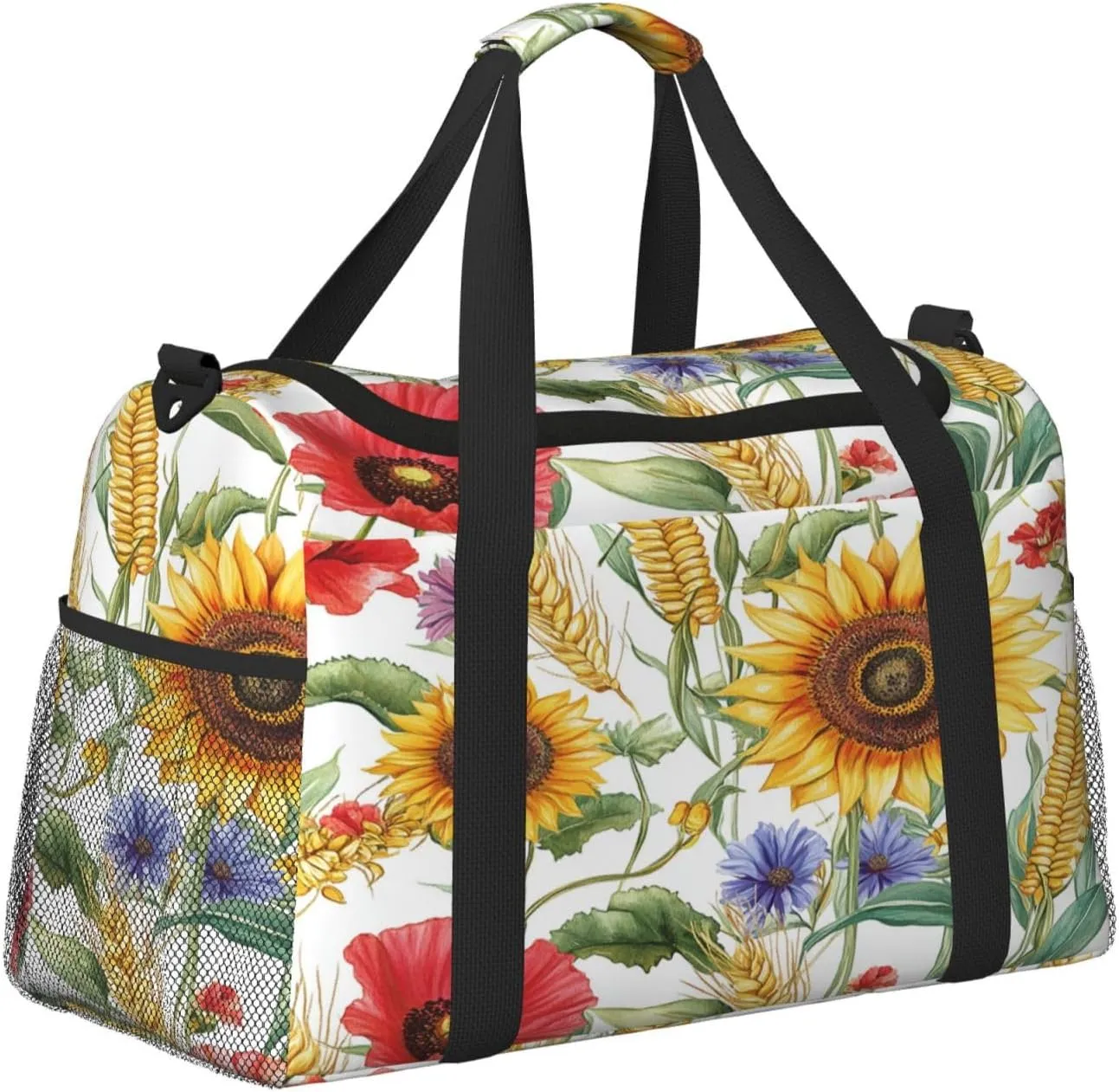Flower Sunflower Popies Travel Duffel Bag with Strap Multi Pockets Sports Bag Handbag Large Shoulder Bag for Gym Weekend Fitness Camping