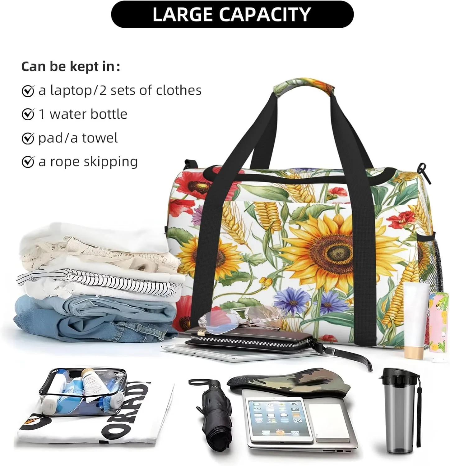 Flower Sunflower Popies Travel Duffel Bag with Strap Multi Pockets Sports Bag Handbag Large Shoulder Bag for Gym Weekend Fitness Camping