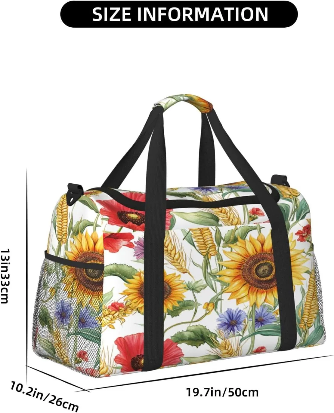 Flower Sunflower Popies Travel Duffel Bag with Strap Multi Pockets Sports Bag Handbag Large Shoulder Bag for Gym Weekend Fitness Camping