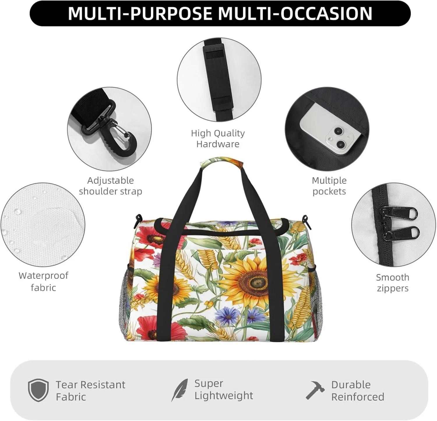 Flower Sunflower Popies Travel Duffel Bag with Strap Multi Pockets Sports Bag Handbag Large Shoulder Bag for Gym Weekend Fitness Camping