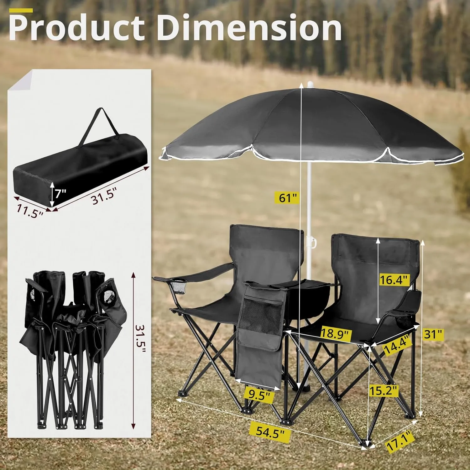 Folding Double Camping Chair w/Umbrella Beverage Holder Carrying Bag Cooler Fold Up Table, Large Bearing Capacity for Beach Patio Pool Park Outdoor (Black)