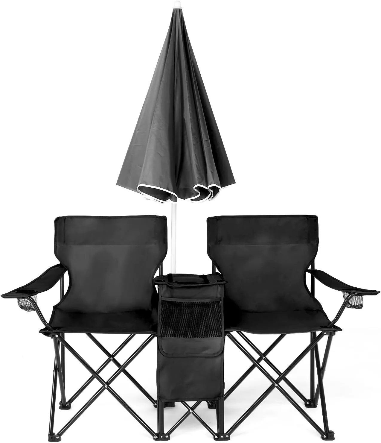 Folding Double Camping Chair w/Umbrella Beverage Holder Carrying Bag Cooler Fold Up Table, Large Bearing Capacity for Beach Patio Pool Park Outdoor (Black)