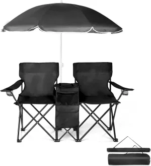 Folding Double Camping Chair w/Umbrella Beverage Holder Carrying Bag Cooler Fold Up Table, Large Bearing Capacity for Beach Patio Pool Park Outdoor (Black)