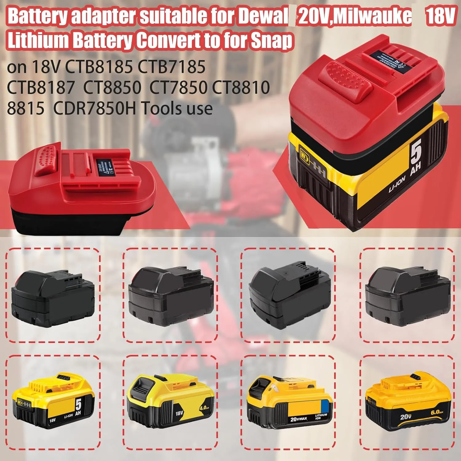 for Snap on 18V Adapter,for DeWalt 20V 60V &for Milwaukee M18 Lithium Battery Convert to for Snap on 18V CTB8185 CTB7185 CTB8187 Battery,Work for Snap on 18V Power Tool