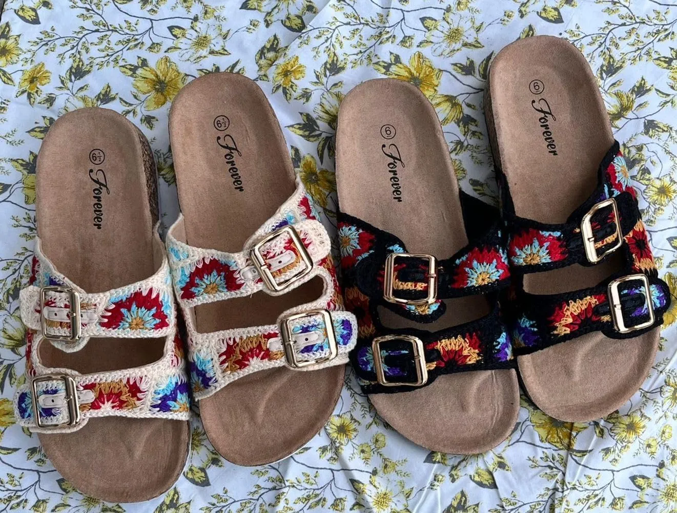 Forever Link Women's Double Buckle Floral Crochet Cork Flat Sandals