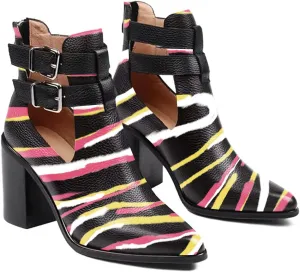 FOWT Cut Out Ankle Booties for Women Hollow out Open Side High Heels Bootie Metal Buckle Shorty Summer Boots Ladies Work Daily and Commuting Size 4-16 US