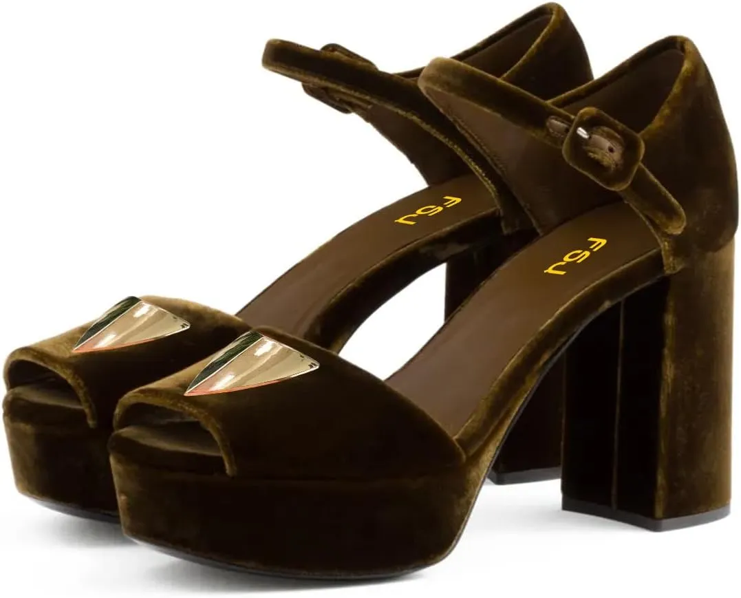 FSJ Women Luxury Velvet Heeled Sandals Gold Accents Peep Toe Ankle Strap Platform Chunky Heel Evening Dress Shoes Size 4-16 US