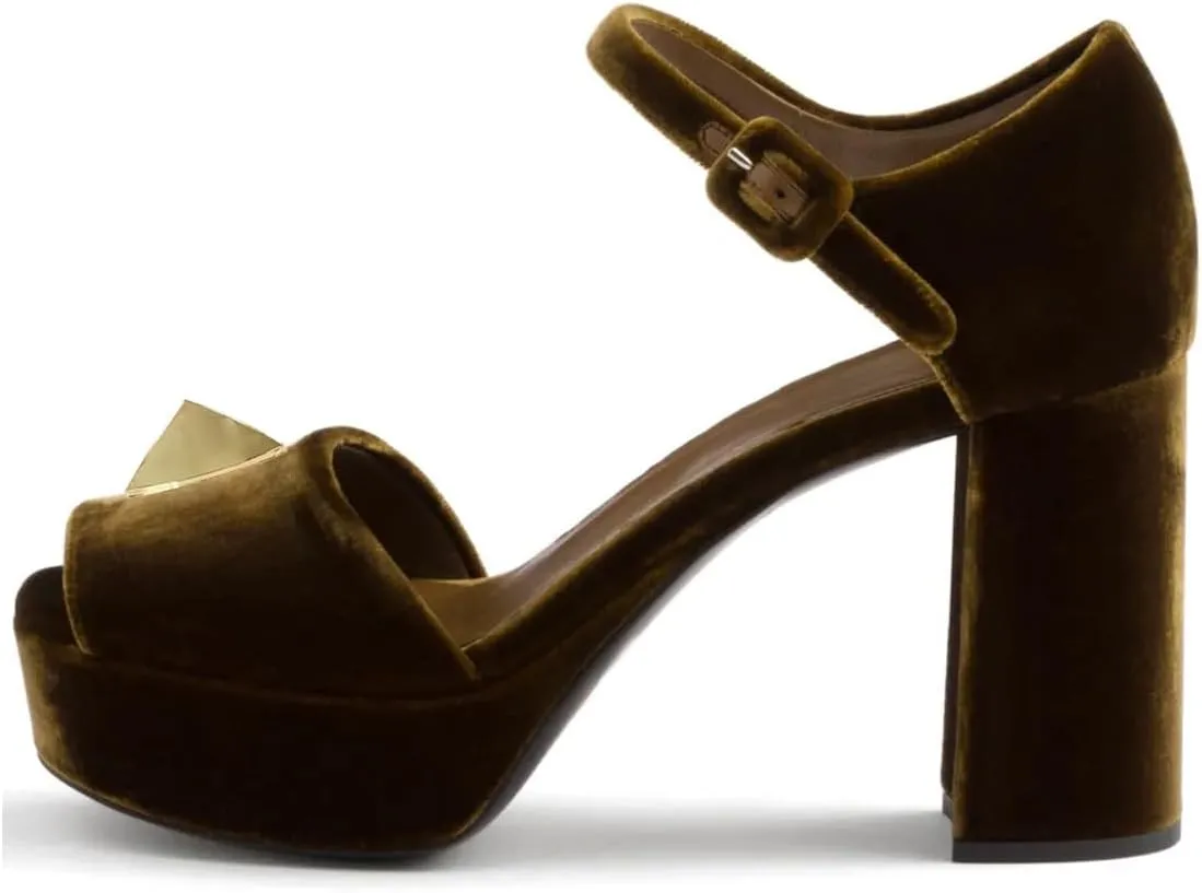 FSJ Women Luxury Velvet Heeled Sandals Gold Accents Peep Toe Ankle Strap Platform Chunky Heel Evening Dress Shoes Size 4-16 US