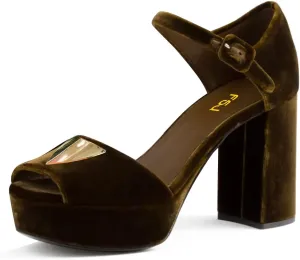FSJ Women Luxury Velvet Heeled Sandals Gold Accents Peep Toe Ankle Strap Platform Chunky Heel Evening Dress Shoes Size 4-16 US