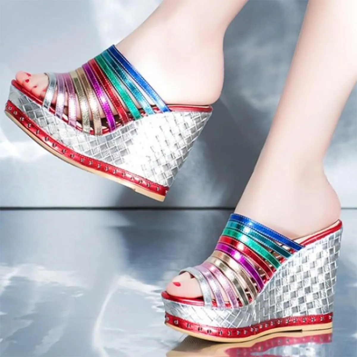 FSJ Women Open Toe High Heel Mules Platform Clogs Slip On Studded Wedges Sandals Strappy Slide Casual Backless Slippers Shoes Size 4-16 US