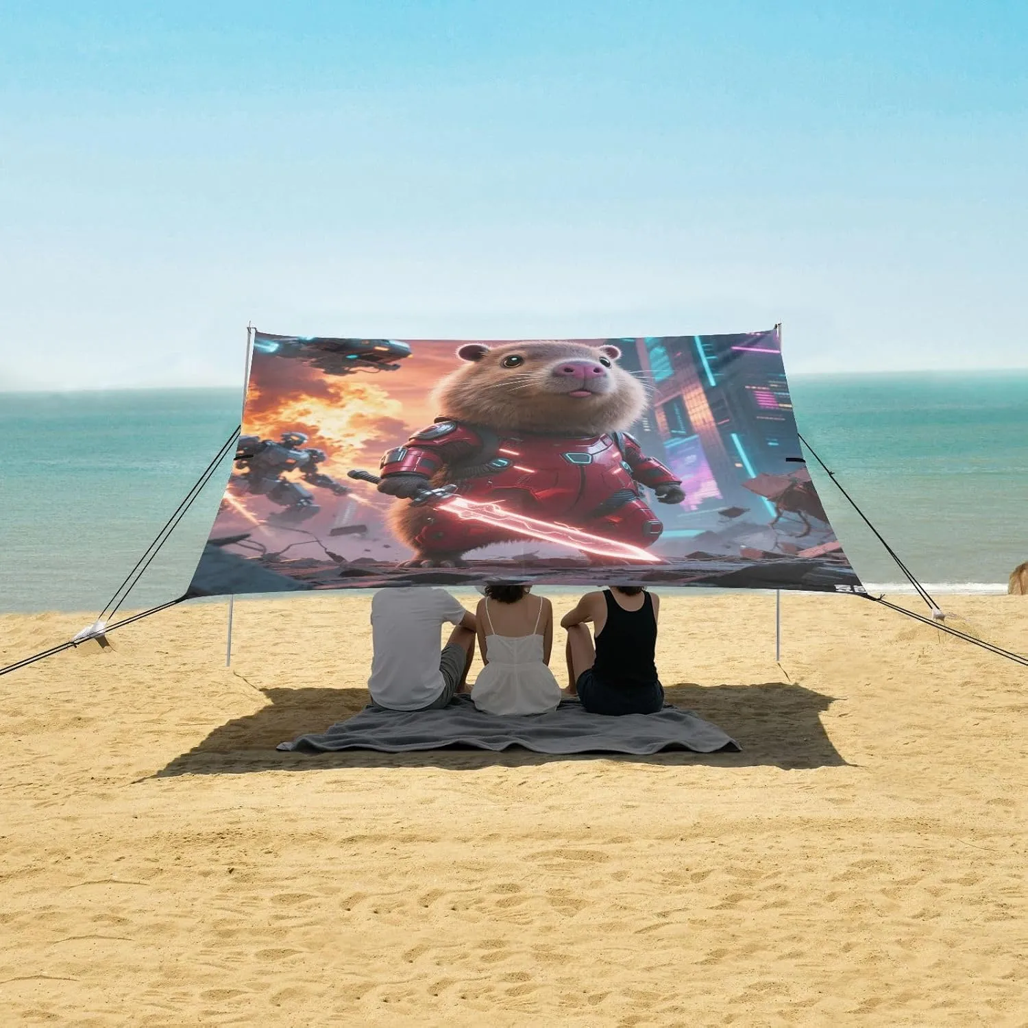 Future World Capybara Soldier Beach Camping Tent Sun Shelter for Whole Family, Beach Shade Canopy with UPF50  UV Protection,Easy Set Up and Carry,Outdoor Shade for Trips, Fishing, Backyard Fun