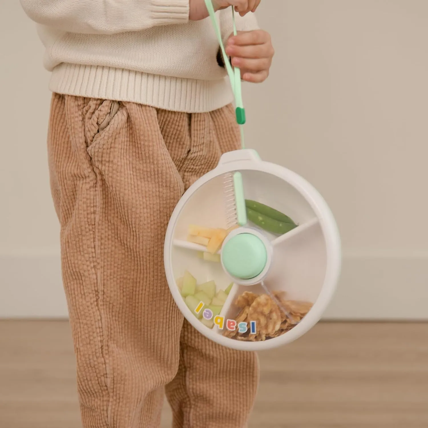 GoBe Kids Large Snack Spinner Slide Bundle with Hand Strap and Sticker Sheet - Reusable Snack Container with 4 Compartment Dispenser and Lid | BPA/PVC Free | Dishwasher Safe | No Spill - Taro Purple
