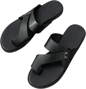 GORGLITTER Men's Beach Leather Sandals Slide Footwear Round Flip Flops Pu Slip On Slippers