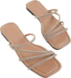 GORGLITTER Women's Rhinestone Flat Sandals Strappy Slip on Open Toe Slide Sandals