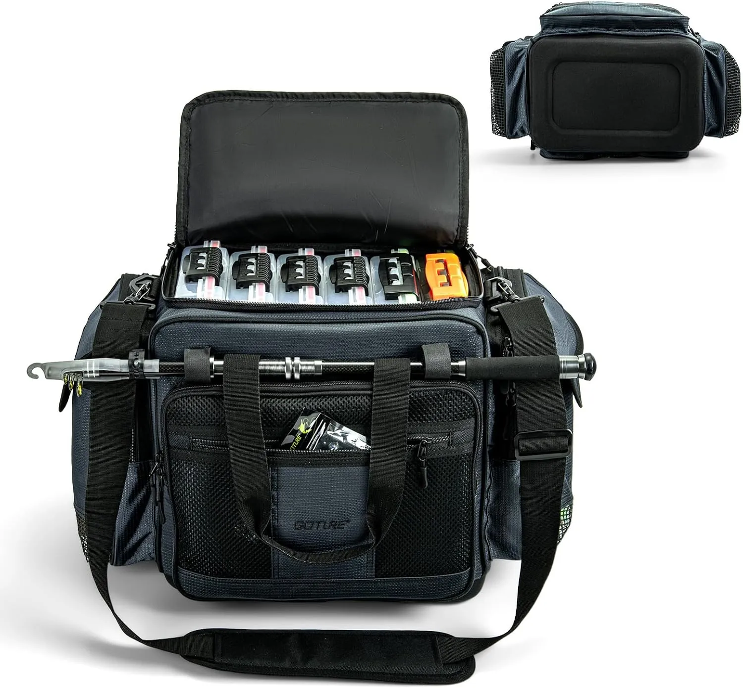 Goture Large Tackle Bag,600D Water Resistant Saltwater Fishing Gear Bag with IPX5 EVA Bottom,SBS Zippers,Store Up to 6PCS 3700 Plus 3PCS 3600 Tackle Trays,Gifts for Men-Gray