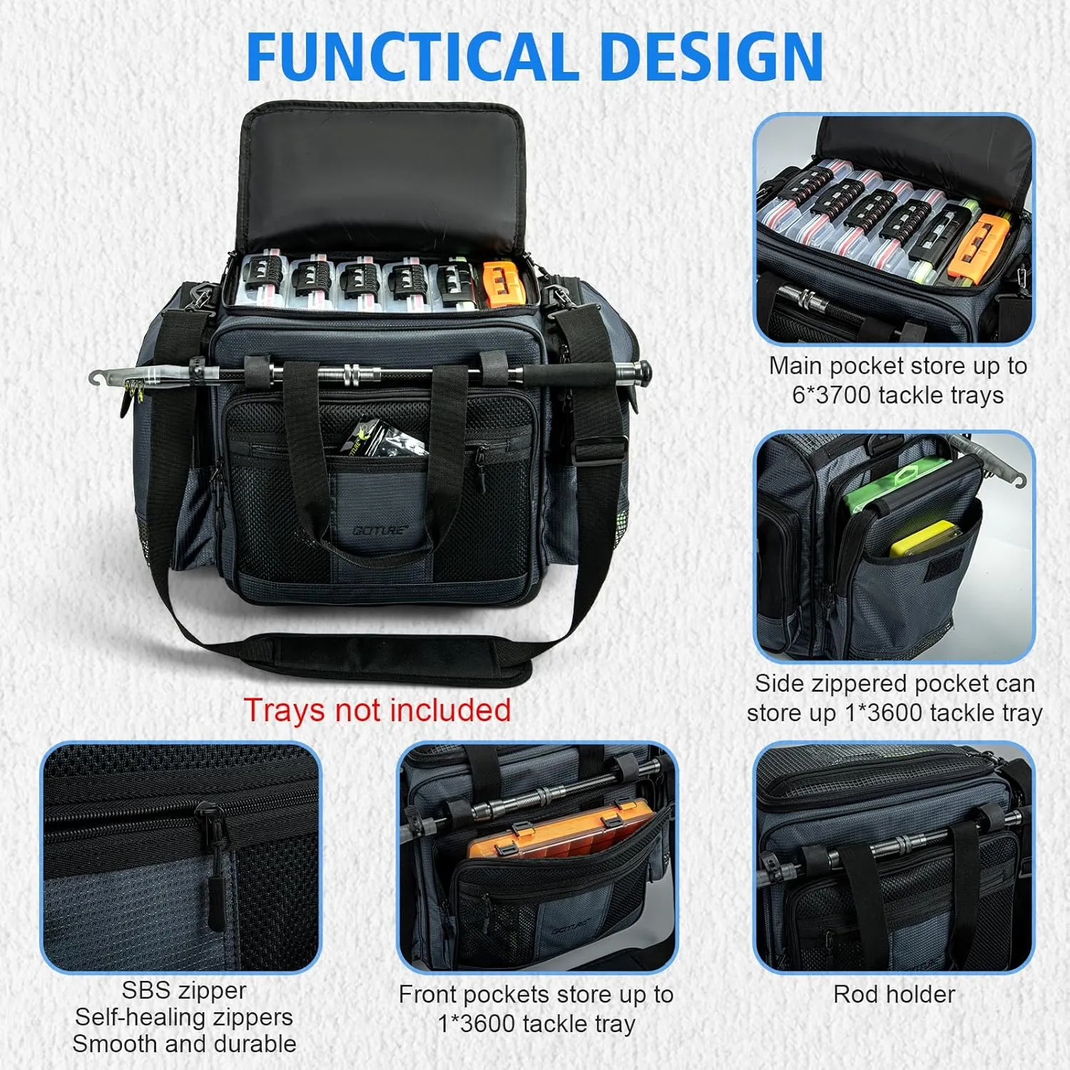 Goture Large Tackle Bag,600D Water Resistant Saltwater Fishing Gear Bag with IPX5 EVA Bottom,SBS Zippers,Store Up to 6PCS 3700 Plus 3PCS 3600 Tackle Trays,Gifts for Men-Gray