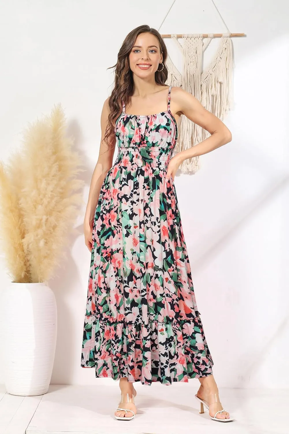 GRACE KARIN Womens 2025 Summer Maxi Dress Sleeveless Floral Spaghetti Strap Smocked Boho Beach Long Dress with Pockets
