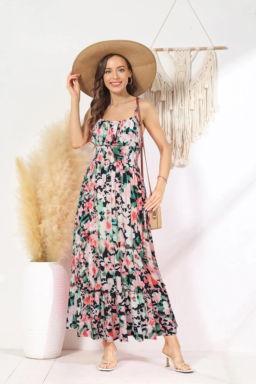 GRACE KARIN Womens 2025 Summer Maxi Dress Sleeveless Floral Spaghetti Strap Smocked Boho Beach Long Dress with Pockets