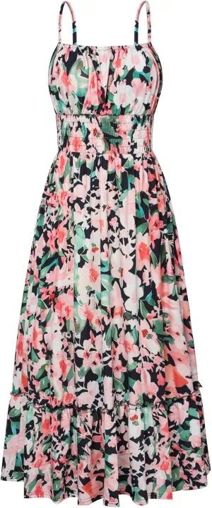 GRACE KARIN Womens 2025 Summer Maxi Dress Sleeveless Floral Spaghetti Strap Smocked Boho Beach Long Dress with Pockets