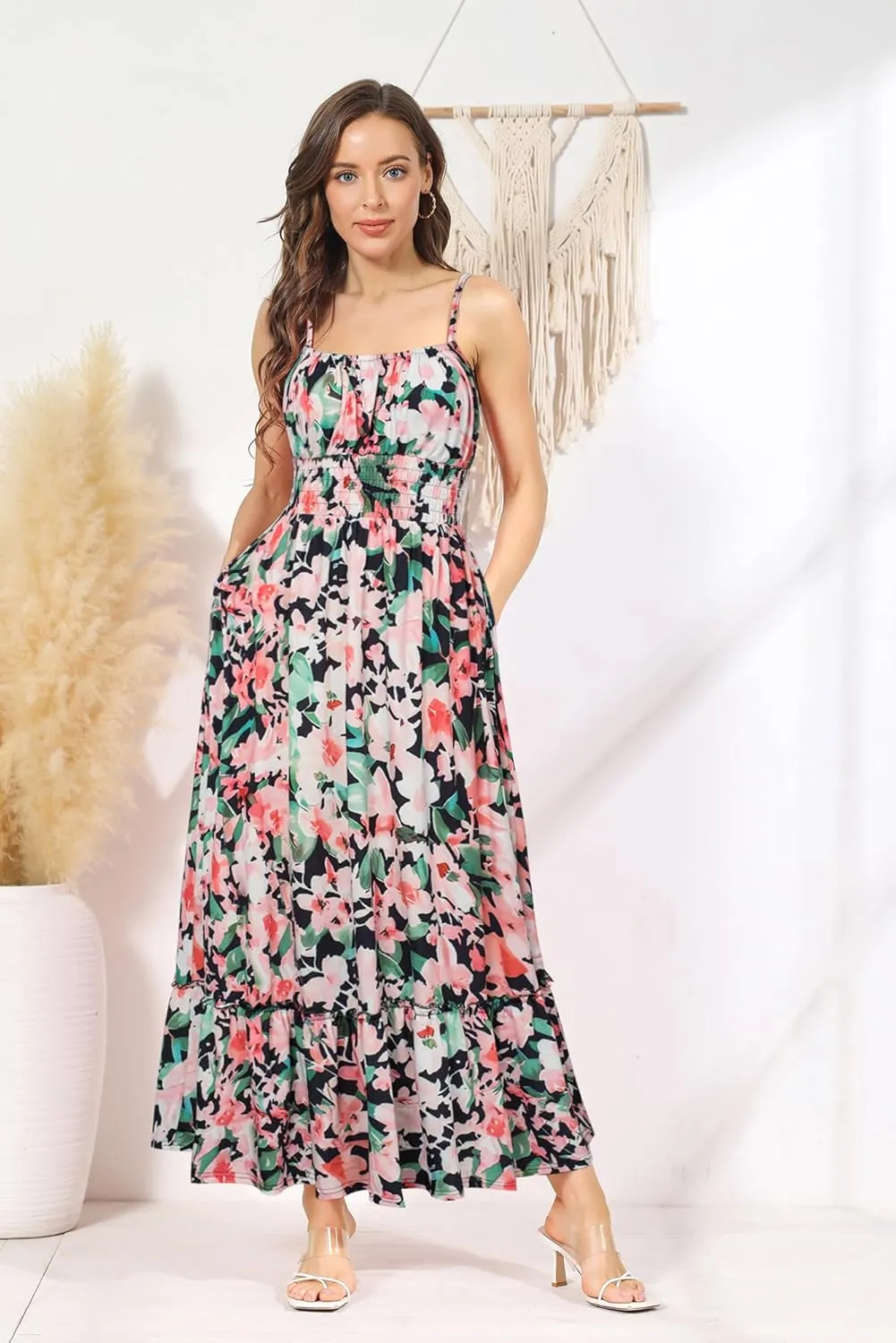 GRACE KARIN Womens 2025 Summer Maxi Dress Sleeveless Floral Spaghetti Strap Smocked Boho Beach Long Dress with Pockets