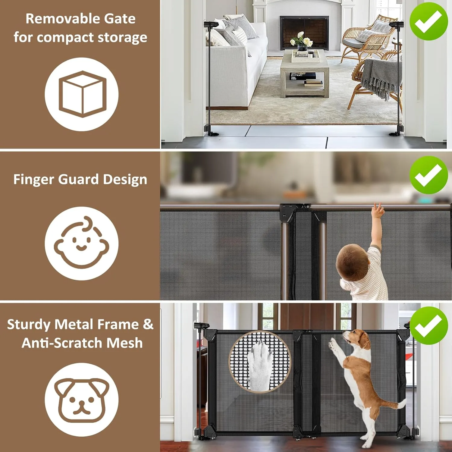 GRENFU 28" Tall No Drill Baby Gate No Bottom Bar, Sliding Dog Gate for Stairs No Drilling Expandable Baby Gate with Dual-Opening Walk Thru Door, 32-55" Adjustable Width & Angle Mesh Pet Gate, Black