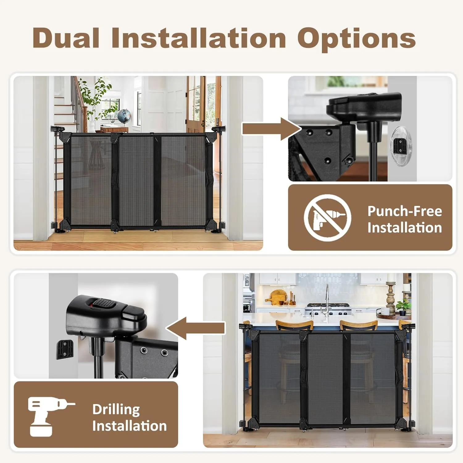 GRENFU 28" Tall No Drill Baby Gate No Bottom Bar, Sliding Dog Gate for Stairs No Drilling Expandable Baby Gate with Dual-Opening Walk Thru Door, 32-55" Adjustable Width & Angle Mesh Pet Gate, Black