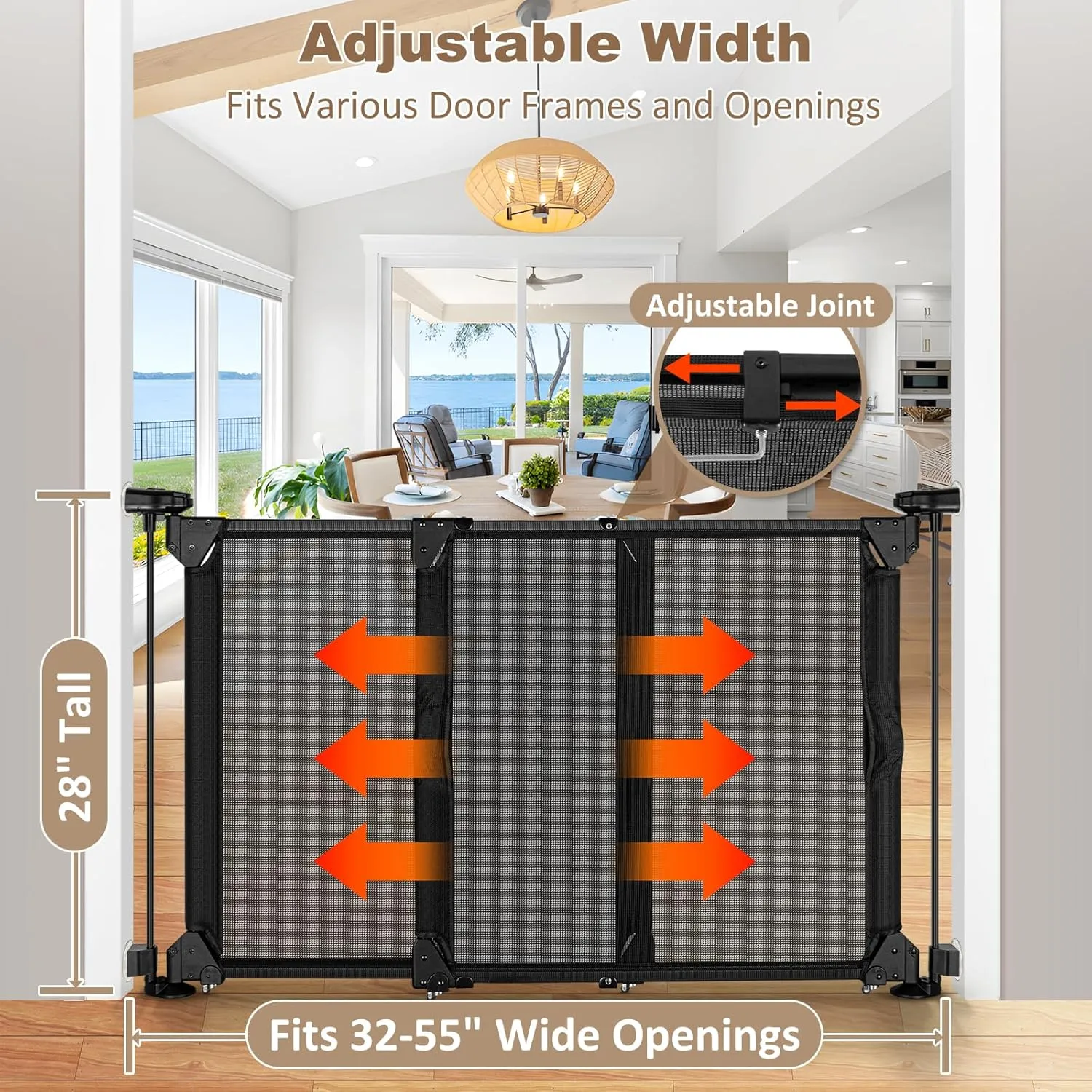 GRENFU 28" Tall No Drill Baby Gate No Bottom Bar, Sliding Dog Gate for Stairs No Drilling Expandable Baby Gate with Dual-Opening Walk Thru Door, 32-55" Adjustable Width & Angle Mesh Pet Gate, Black