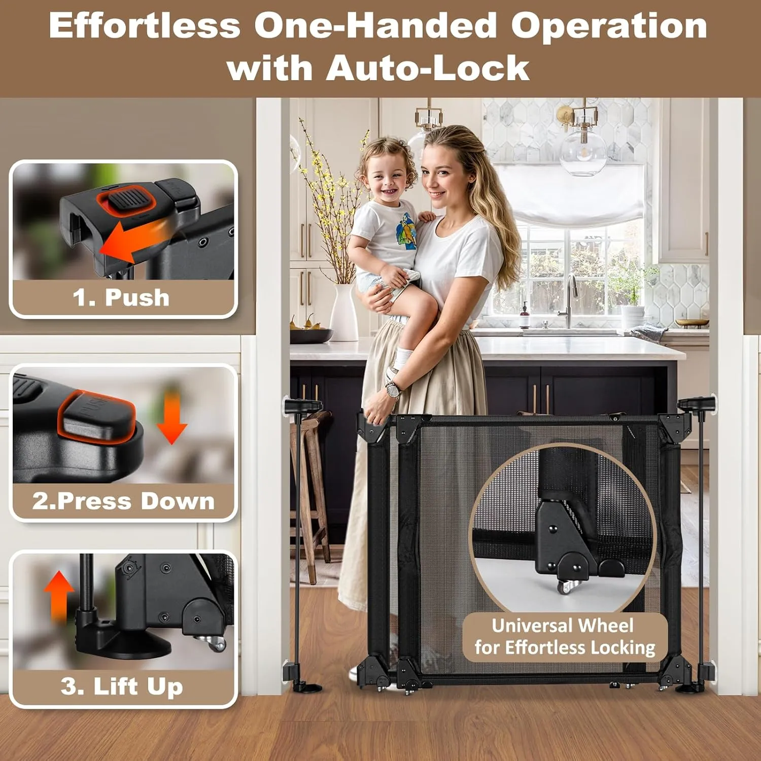 GRENFU 28" Tall No Drill Baby Gate No Bottom Bar, Sliding Dog Gate for Stairs No Drilling Expandable Baby Gate with Dual-Opening Walk Thru Door, 32-55" Adjustable Width & Angle Mesh Pet Gate, Black