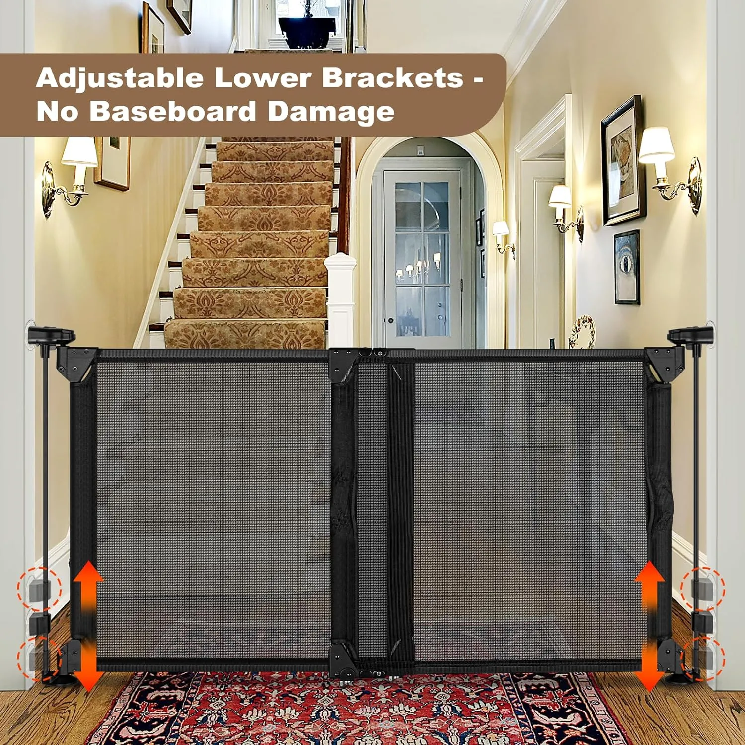 GRENFU 28" Tall No Drill Baby Gate No Bottom Bar, Sliding Dog Gate for Stairs No Drilling Expandable Baby Gate with Dual-Opening Walk Thru Door, 32-55" Adjustable Width & Angle Mesh Pet Gate, Black
