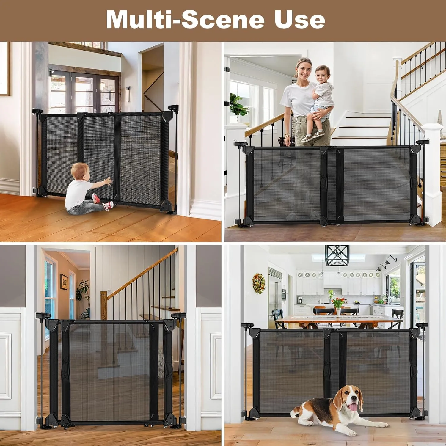 GRENFU 28" Tall No Drill Baby Gate No Bottom Bar, Sliding Dog Gate for Stairs No Drilling Expandable Baby Gate with Dual-Opening Walk Thru Door, 32-55" Adjustable Width & Angle Mesh Pet Gate, Black