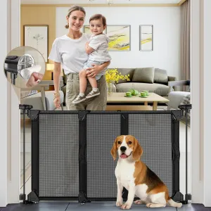 GRENFU 28" Tall No Drill Baby Gate No Bottom Bar, Sliding Dog Gate for Stairs No Drilling Expandable Baby Gate with Dual-Opening Walk Thru Door, 32-55" Adjustable Width & Angle Mesh Pet Gate, Black